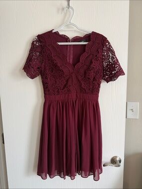 Lulu's Burgundy Lace V-Neck Mini Dress